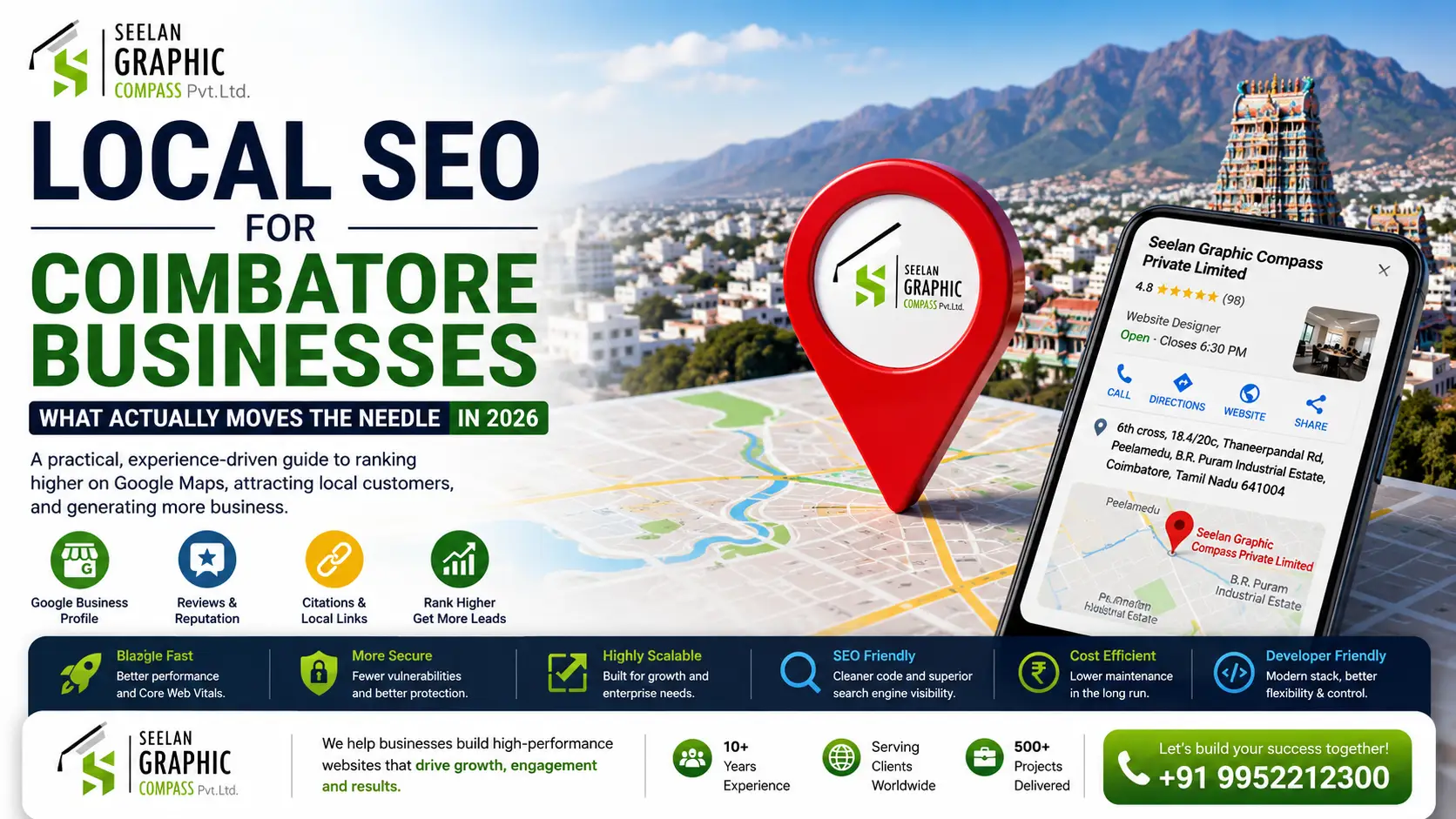 Google Maps pin over Coimbatore skyline representing local SEO for Coimbatore businesses in 2026